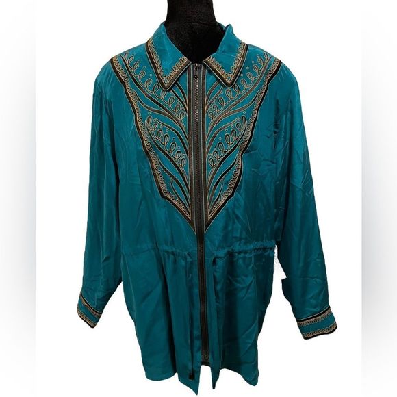 Bob Mackie NWT Vintage Teal Silk Embroidered coat front zip & drawstring size L - Picture 2 of 10